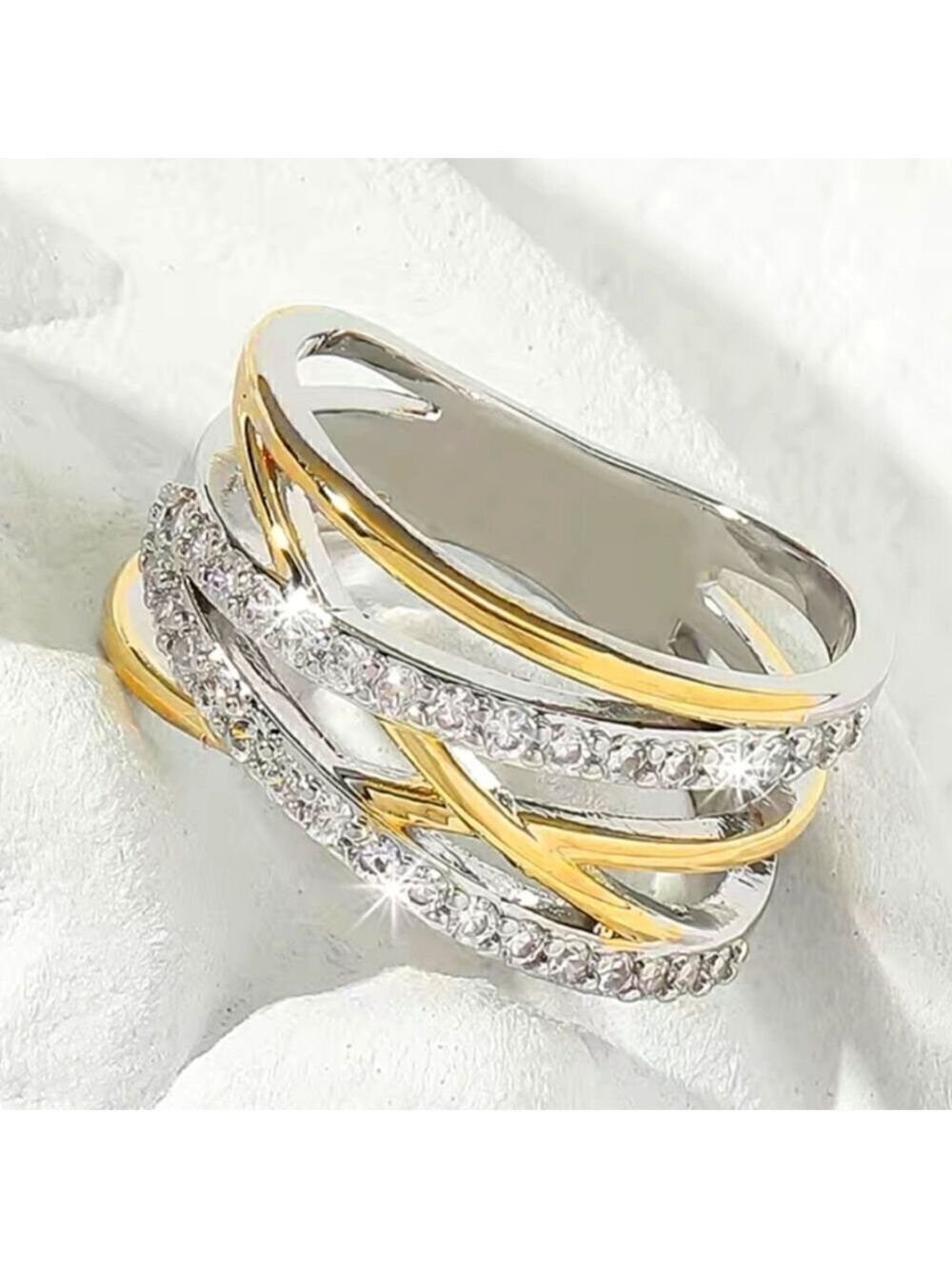 14K Two Tone Gold and Silver Plated Ring with Criss Cross Zircon Band